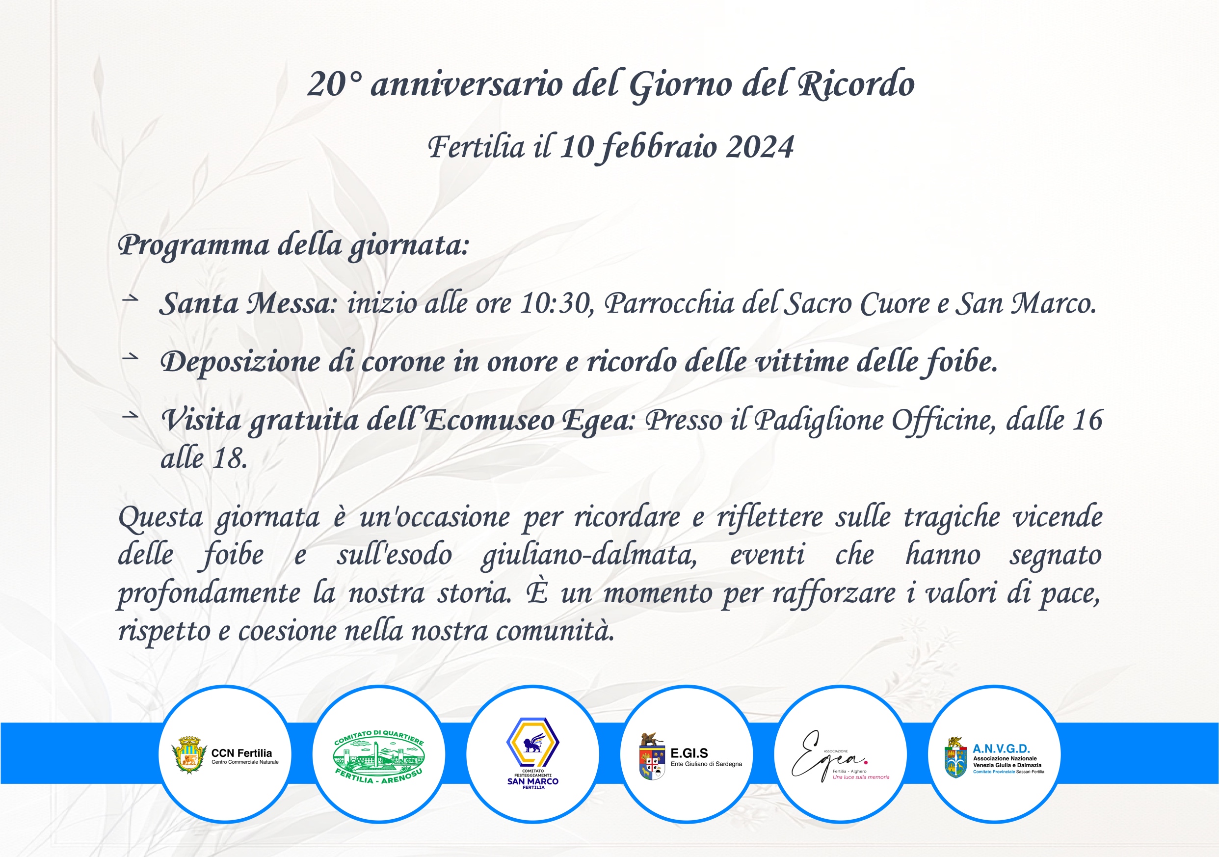 "Commemorazione e Riflessione: 20° Anniversario del Giorno del Ricordo a Fertilia"