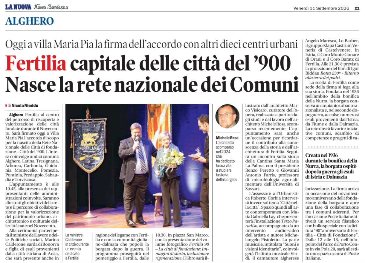 A Fertilia nasce la Rete Nazionale delle Città di Fondazione – La Nuova Sardegna – 11 settembre 2026